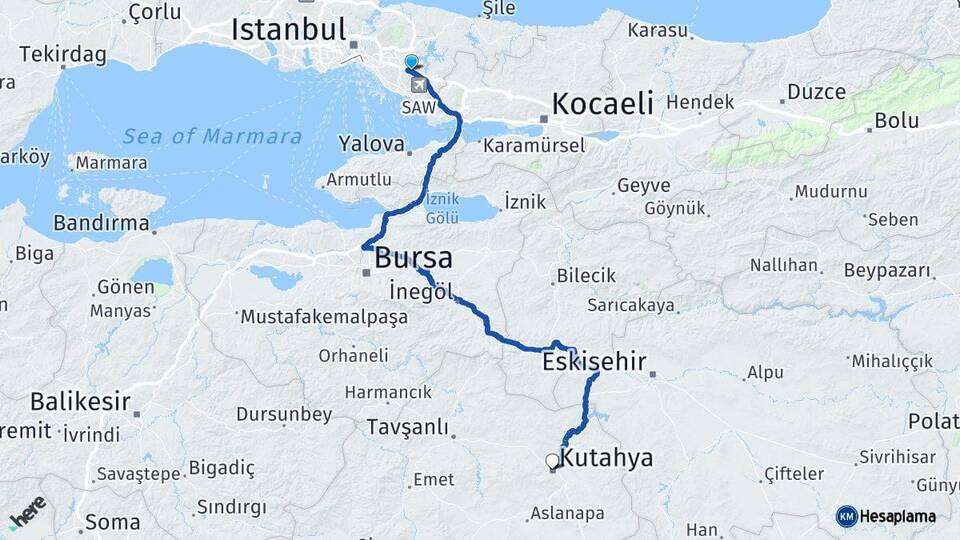 İstanbul Sultanbeyli Kütahya Arası Kaç Km - Yol Haritası