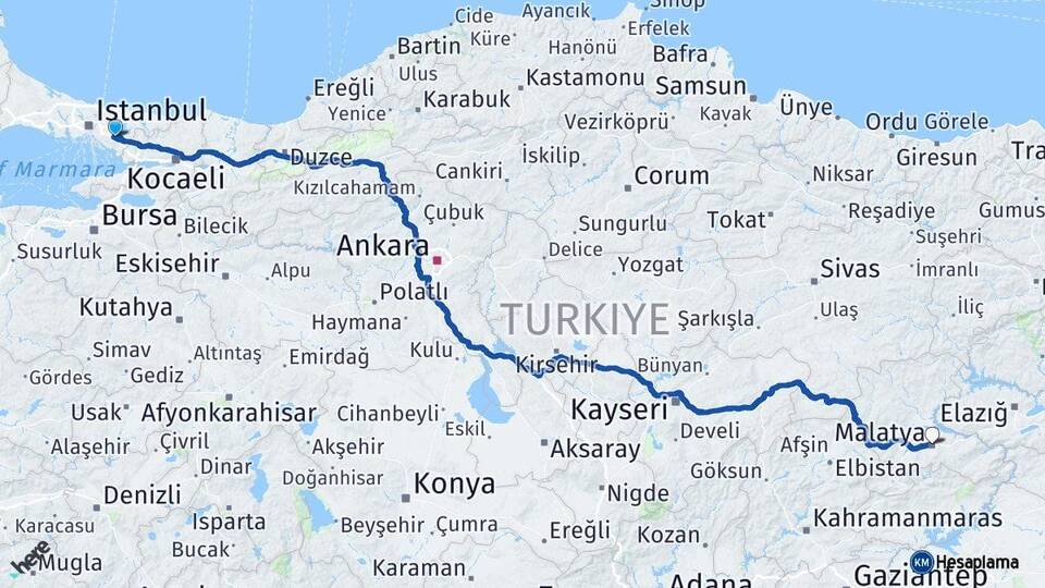 İstanbul Sultanbeyli Malatya Arası Kaç Km - Yol Haritası