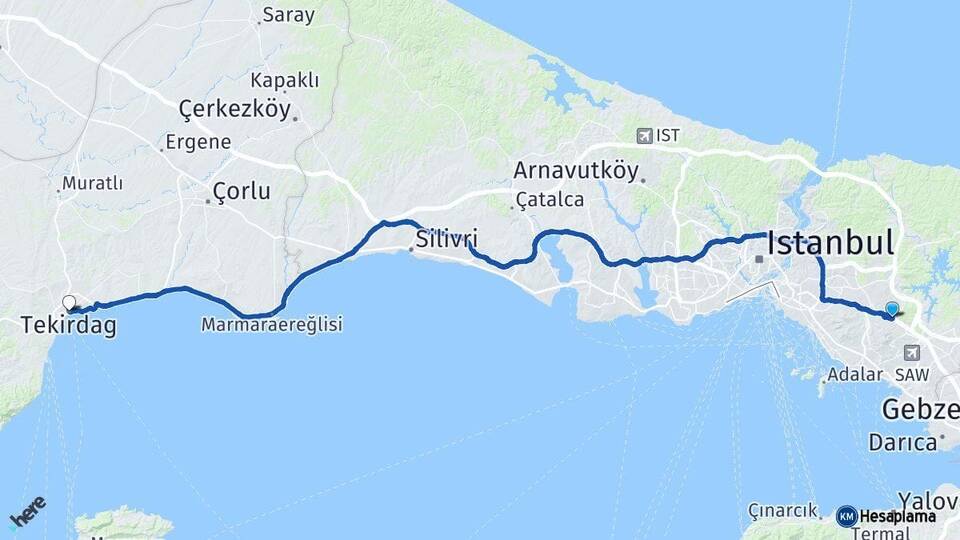 İstanbul Sultanbeyli Tekirdağ Arası Kaç Km - Yol Haritası