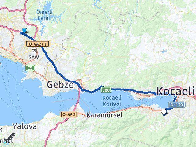 İstanbul Sultanbeyli Yeniköy Başiskele Kocaeli Arası Kaç Km - Yol Haritası