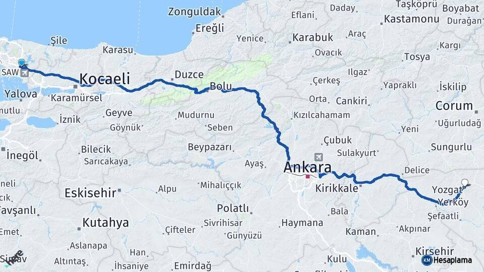 İstanbul Sultanbeyli Yozgat Arası Kaç Km - Yol Haritası