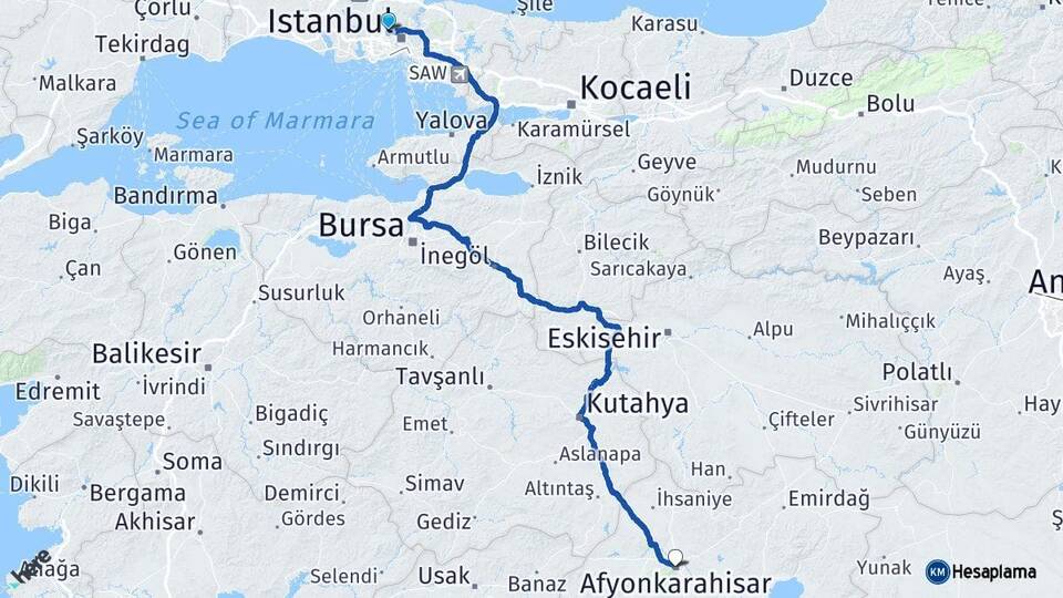 İstanbul Sultangazi Afyonkarahisar Arası Kaç Km - Yol Haritası
