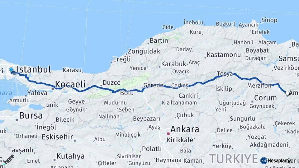 İstanbul Sultangazi Amasya Arası Kaç Km - Yol Haritası