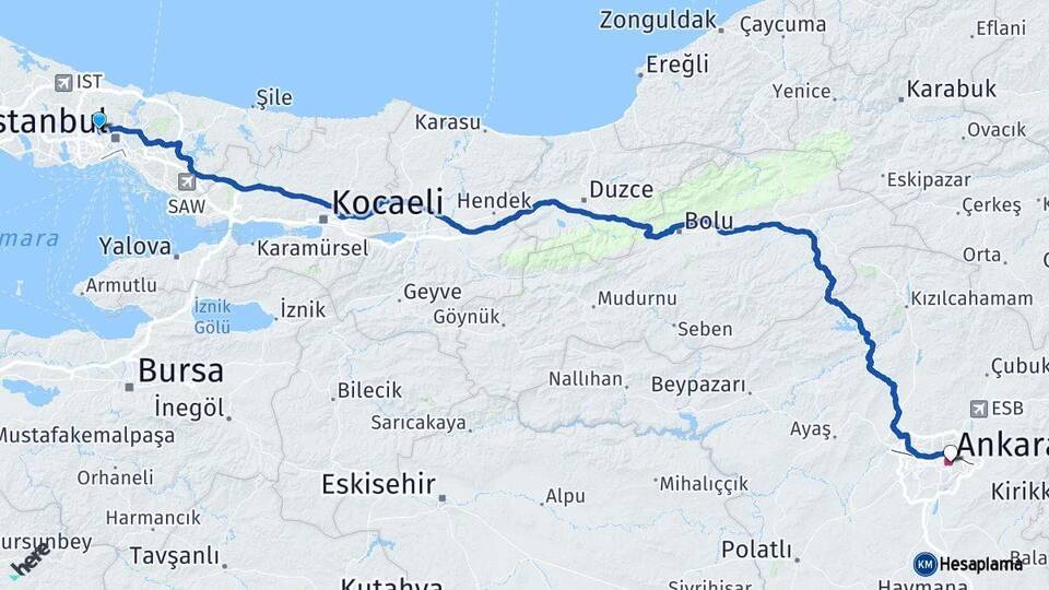 İstanbul Sultangazi Ankara Arası Kaç Km - Yol Haritası