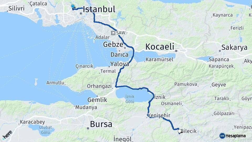 İstanbul Sultangazi Bilecik Arası Kaç Km - Yol Haritası