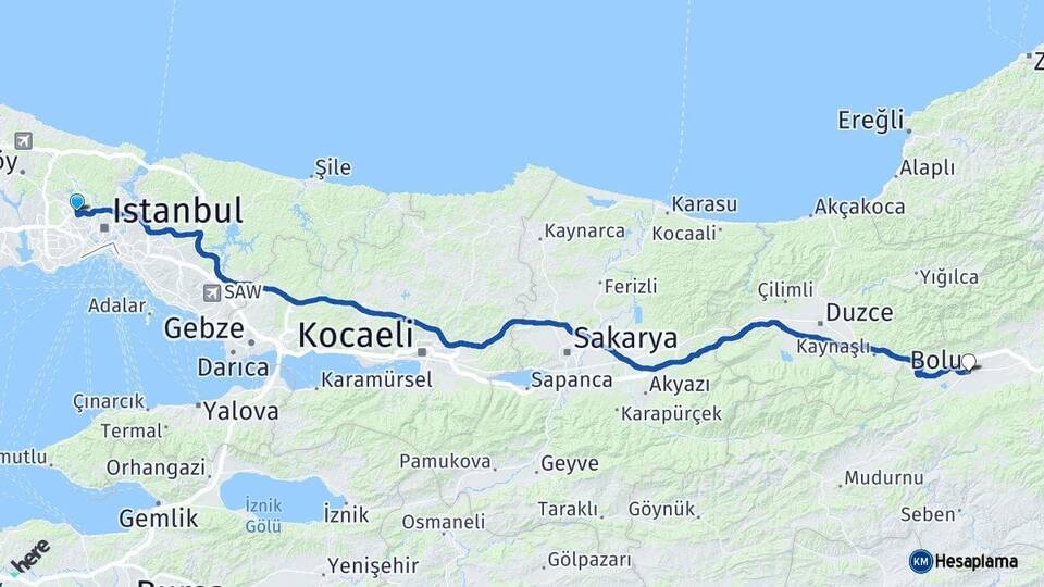 İstanbul Sultangazi Bolu Arası Kaç Km - Yol Haritası
