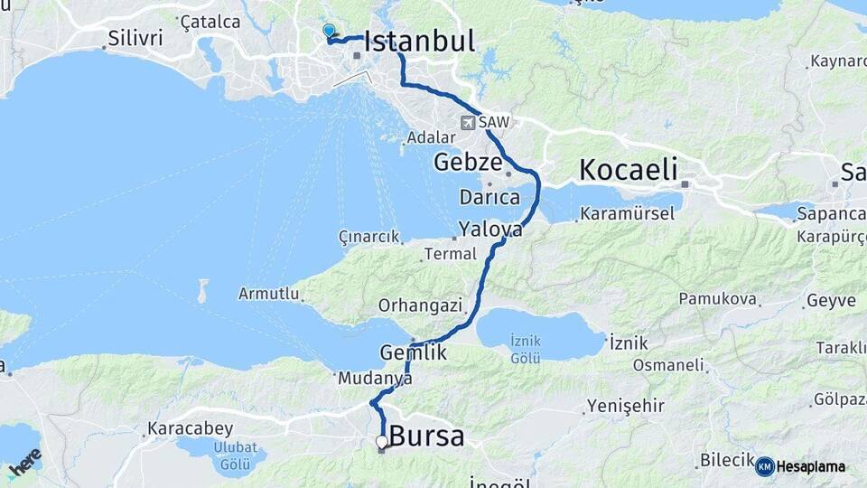 İstanbul Sultangazi Bursa Arası Kaç Km - Yol Haritası