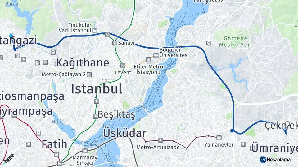 İstanbul Sultangazi Çekmeköy Arası Kaç Km - Yol Haritası