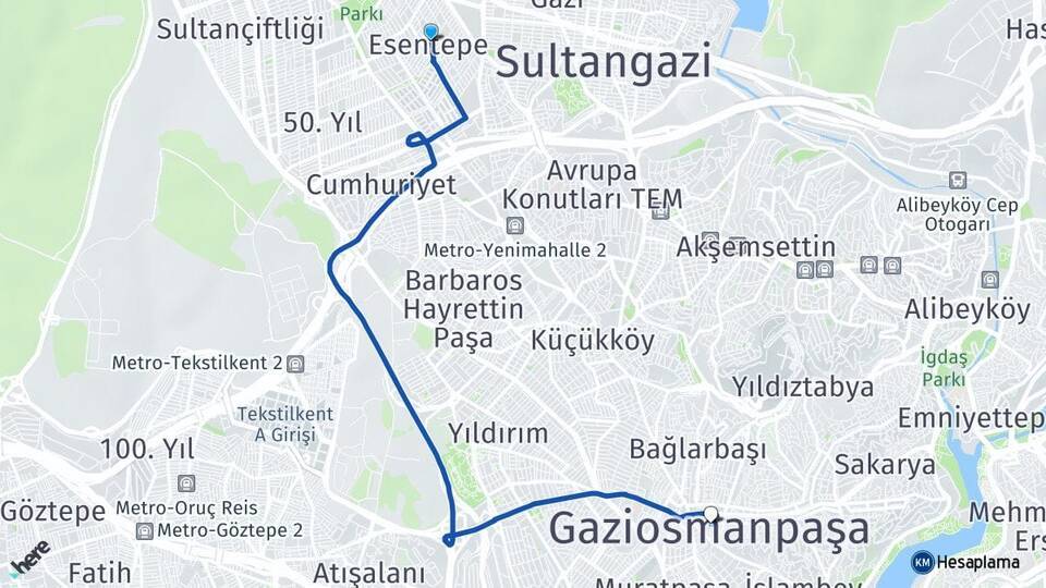 Esentepe Gaziosmanpaşa Arası Kaç Km - Yol Tarifi