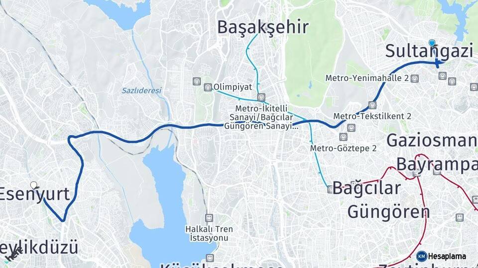 İstanbul Sultangazi Esenyurt Arası Kaç Km - Yol Haritası