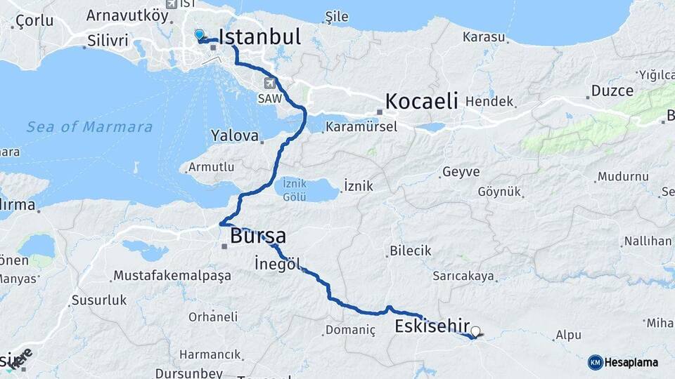 İstanbul Sultangazi Eskişehir Arası Kaç Km - Yol Haritası
