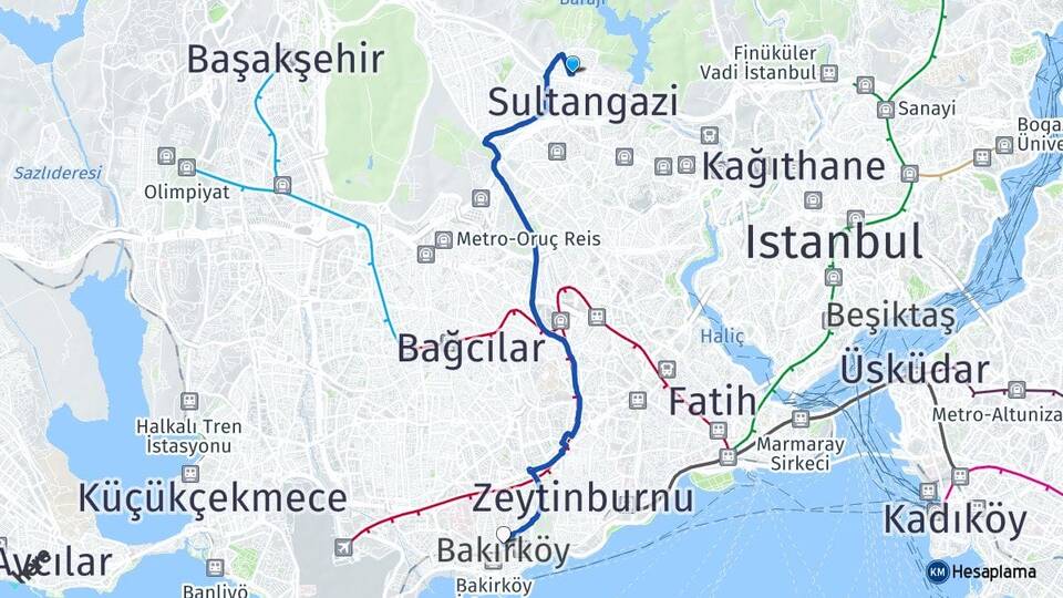 İstanbul Sultangazi Gazi Bakırköy Arası Kaç Km - Yol Haritası