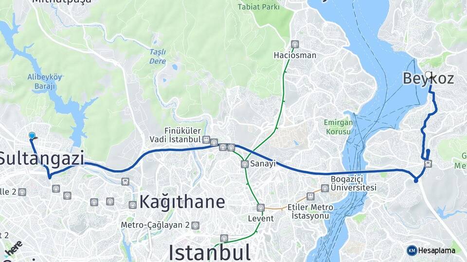 İstanbul Sultangazi Gazi Beykoz Arası Kaç Km - Yol Haritası