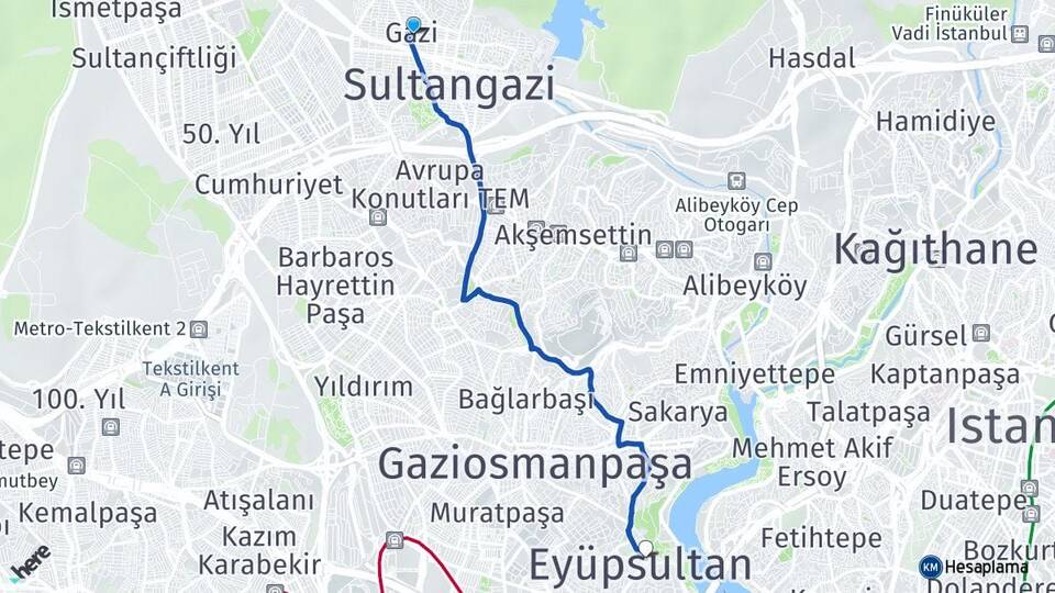 İstanbul Sultangazi Gazi Eyüpsultan Arası Kaç Km - Yol Haritası