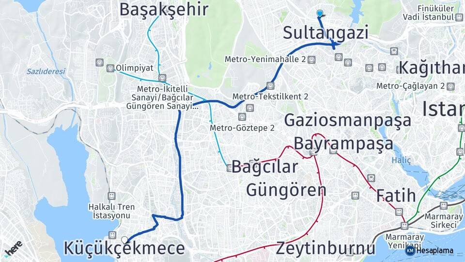 İstanbul Sultangazi Gazi Küçükçekmece Arası Kaç Km - Yol Haritası