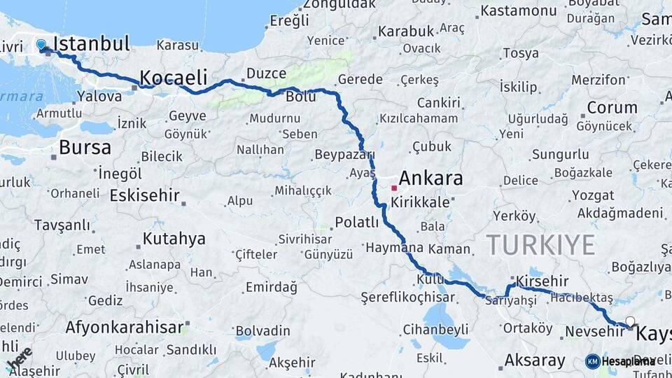 İstanbul Sultangazi Kayseri Arası Kaç Km - Yol Haritası