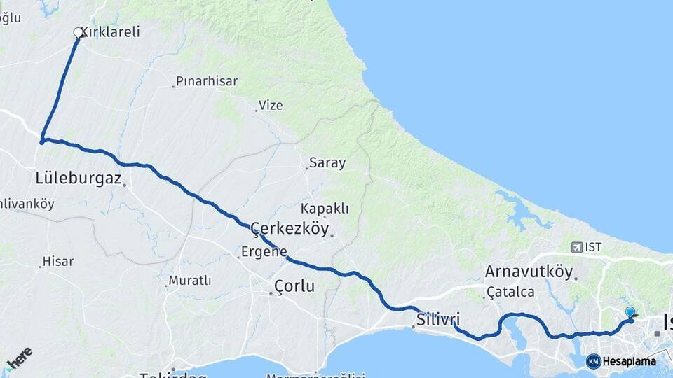İstanbul Sultangazi Kırklareli Arası Kaç Km - Yol Haritası