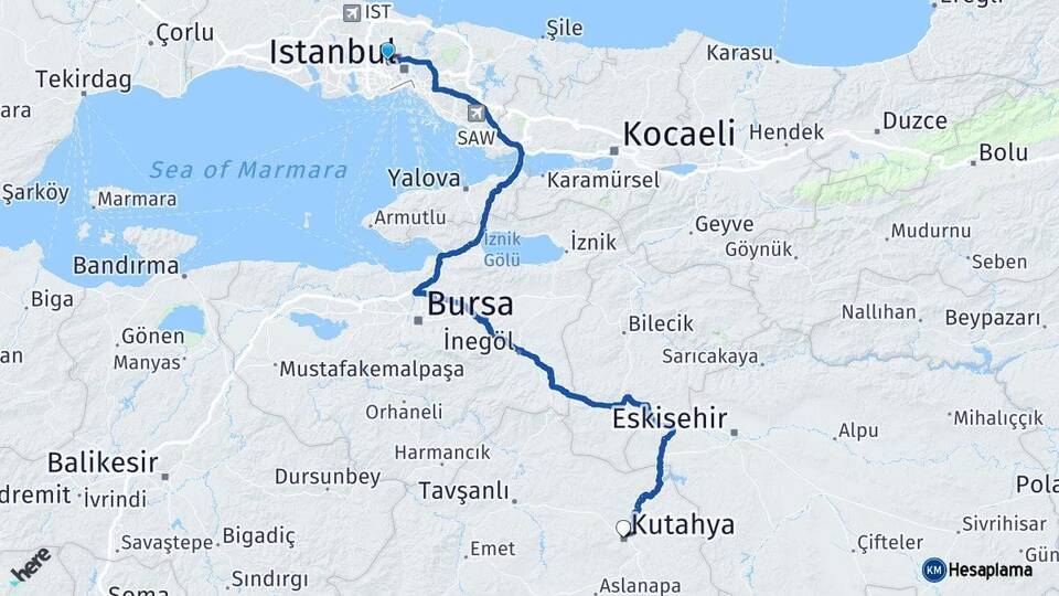 İstanbul Sultangazi Kütahya Arası Kaç Km - Yol Haritası