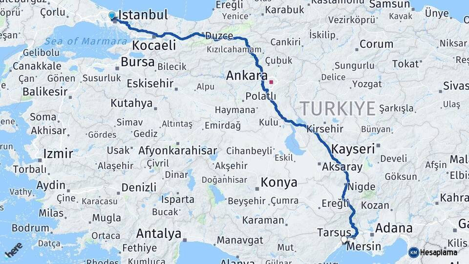 İstanbul Sultangazi Mersin Arası Kaç Km - Yol Haritası