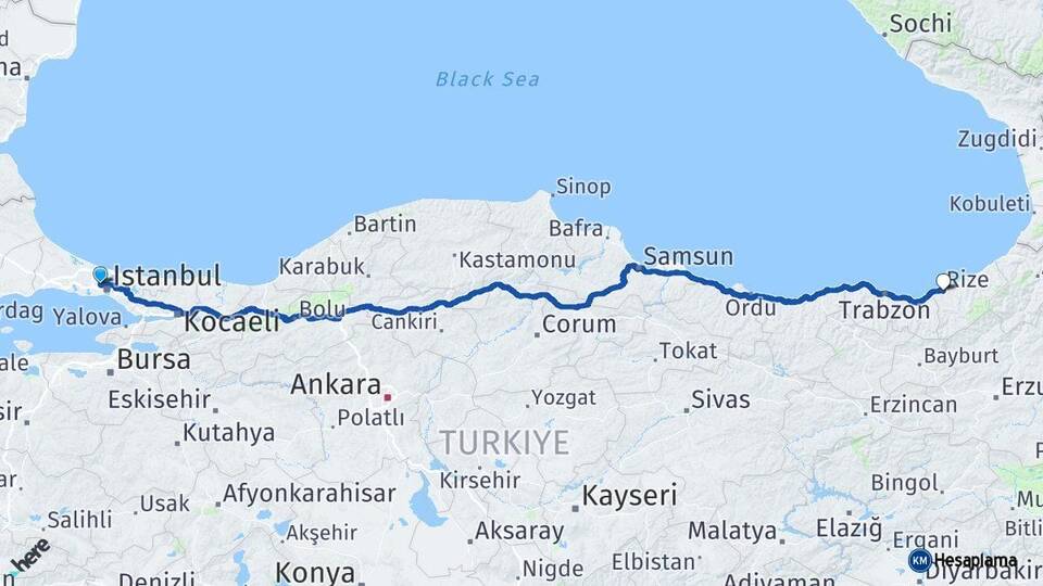 İstanbul Sultangazi Rize Arası Kaç Km - Yol Haritası