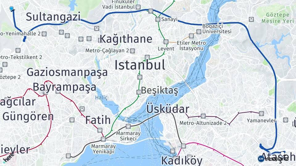 İstanbul Sultangazi Sultançiftliği Ataşehir Arası Kaç Km - Yol Haritası