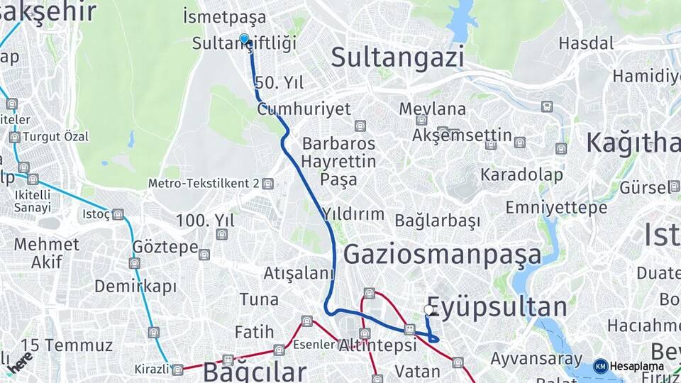 İstanbul Sultangazi Sultançiftliği Bayrampaşa Arası Kaç Km - Yol Haritası