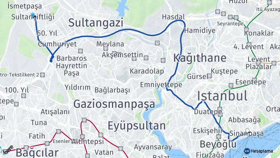 İstanbul Sultangazi Sultançiftliği Beşiktaş Arası Kaç Km - Yol Haritası