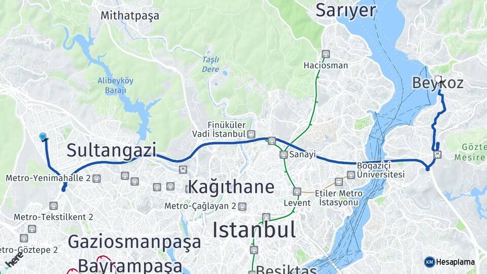 İstanbul Sultangazi Sultançiftliği Beykoz Arası Kaç Km - Yol Haritası