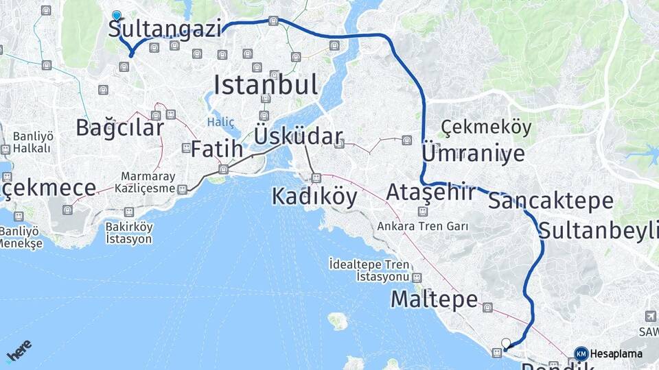 İstanbul Sultangazi Sultançiftliği Kartal Arası Kaç Km - Yol Haritası