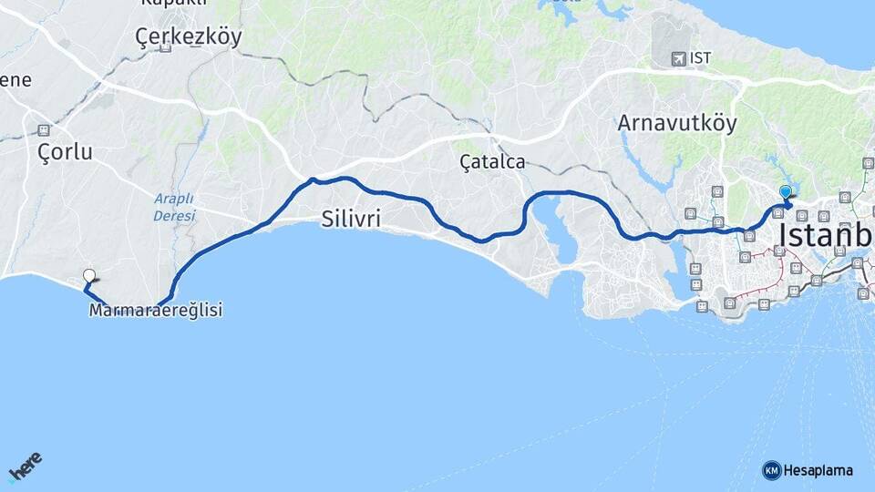 İstanbul Sultangazi Yeniçiftlik Marmaraereğlisi Tekirdağ Arası Kaç Km - Yol Haritası
