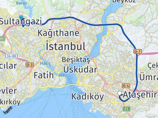 İstanbul Sultangazi Yenisahra Ataşehir Arası Kaç Km - Yol Haritası