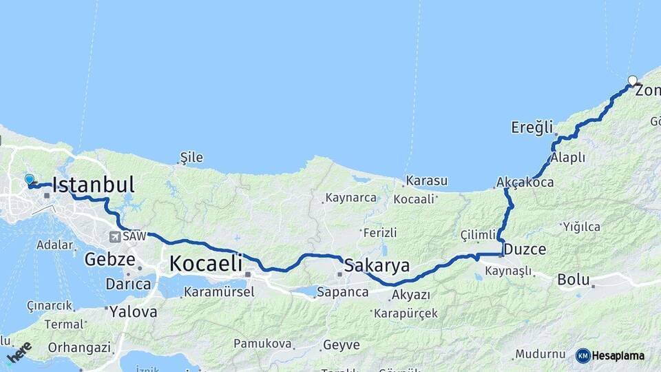 İstanbul Sultangazi Zonguldak Arası Kaç Km - Yol Haritası