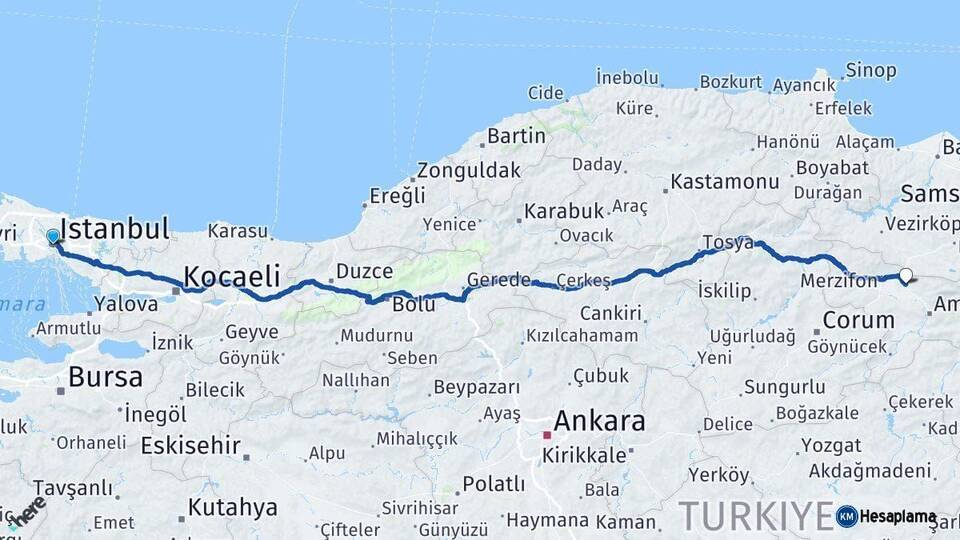 İstanbul Suluova Amasya Arası Kaç Km - Yol Haritası