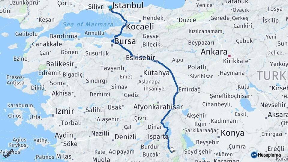 İstanbul Sütçüler Isparta Arası Kaç Km - Yol Haritası