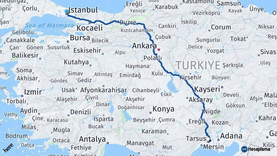 İstanbul Tarsus Mersin Arası Kaç Km - Yol Haritası