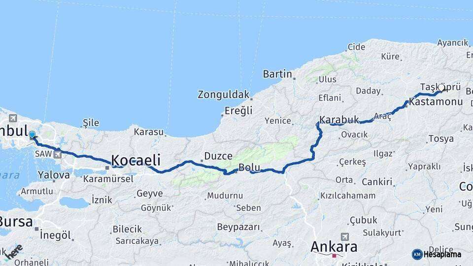 İstanbul Taşköprü Kastamonu Arası Kaç Km - Yol Haritası