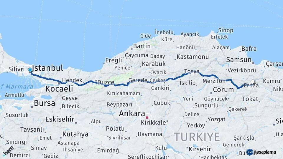 İstanbul Taşova Amasya Arası Kaç Km - Yol Haritası