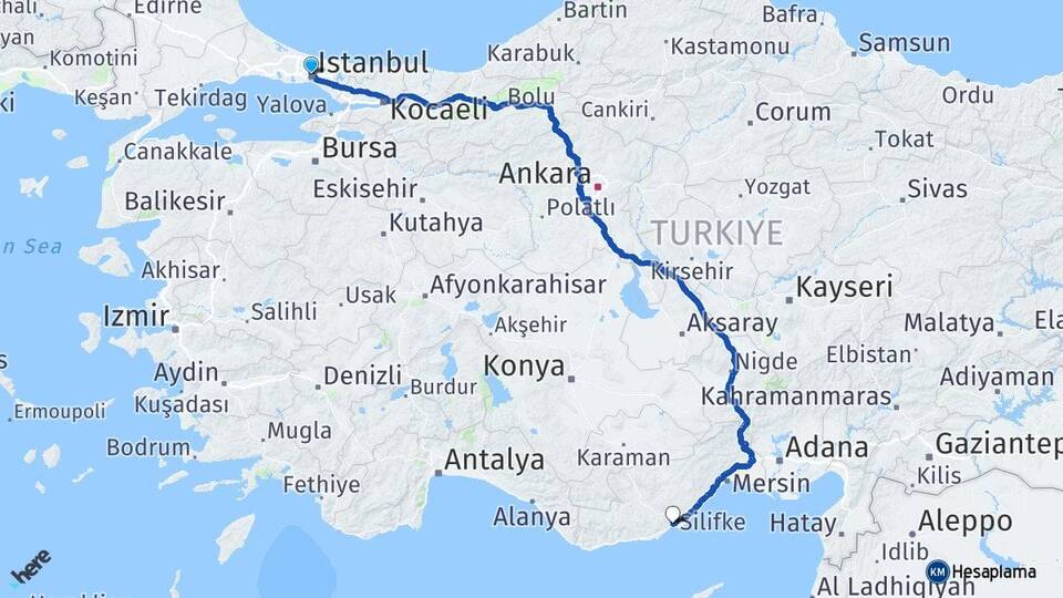 İstanbul Taşucu Silifke Mersin Arası Kaç Km - Yol Haritası