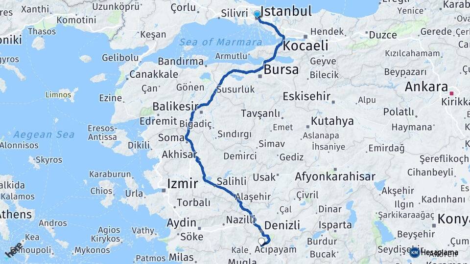 İstanbul Tavas Denizli Arası Kaç Km - Yol Haritası