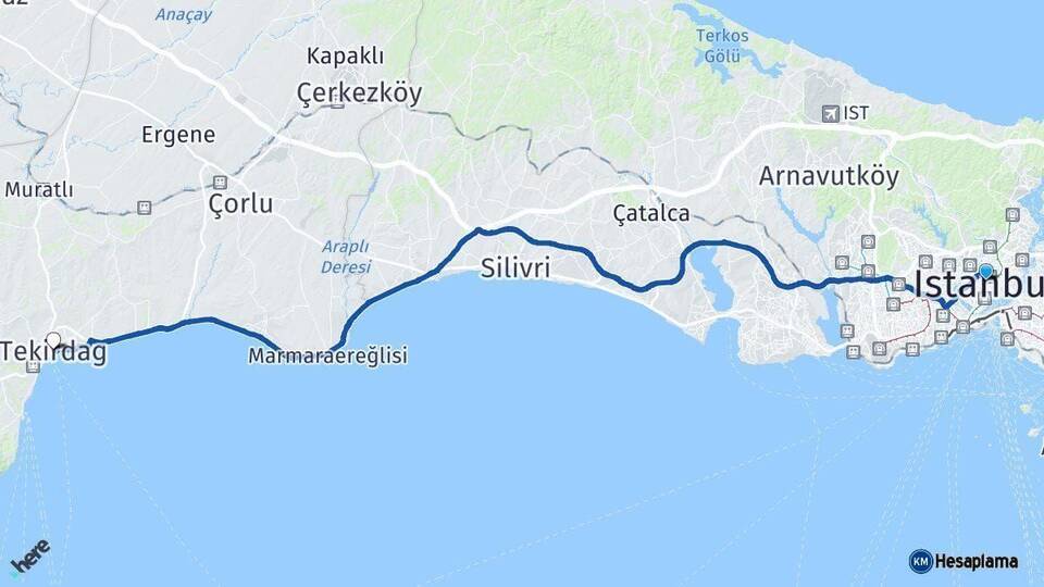 İstanbul Tekirdağ Arası Kaç Km - Yol Haritası