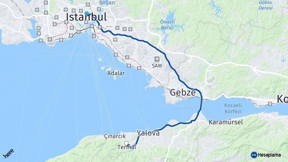 İstanbul Termal Arası Kaç Km - Yol Tarifi