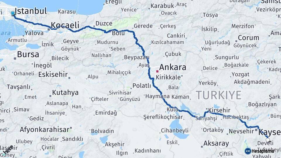 İstanbul Tomarza Kayseri Arası Kaç Km - Yol Haritası