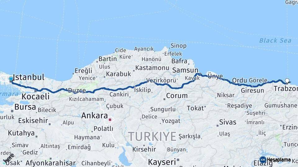 İstanbul Trabzon Arası Kaç Km - Yol Haritası