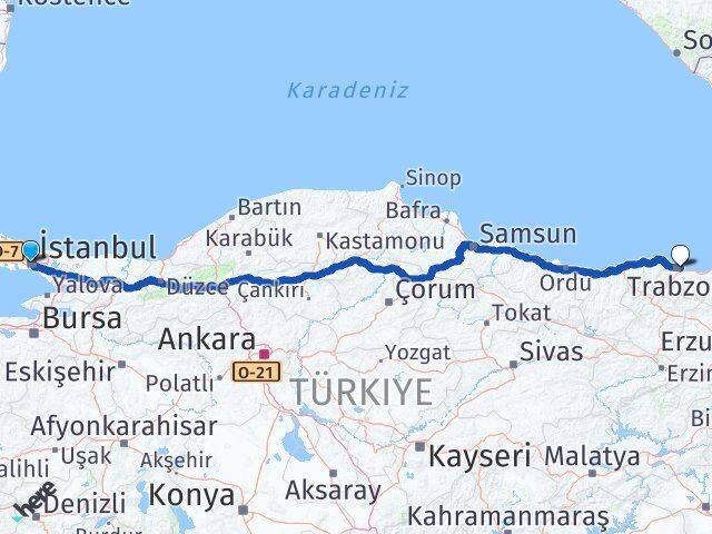 İstanbul Trabzon Havalimanı Arası Kaç Km - Yol Haritası