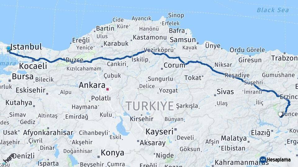 İstanbul Tunceli Arası Kaç Km - Yol Haritası