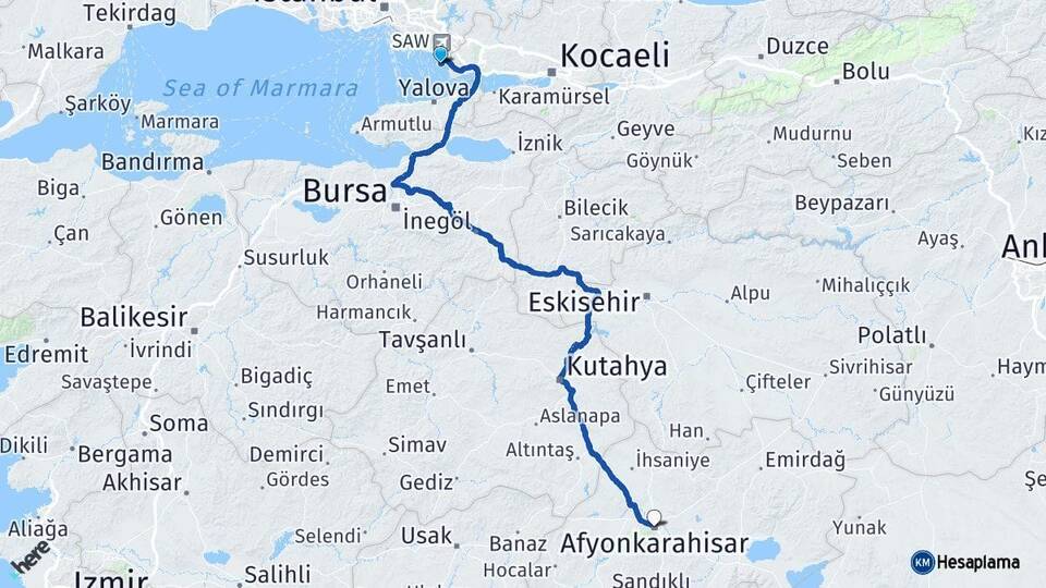 İstanbul Tuzla Afyonkarahisar Arası Kaç Km - Yol Haritası