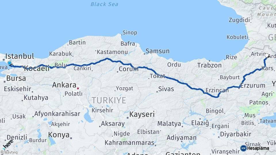 İstanbul Tuzla Ardahan Arası Kaç Km - Yol Haritası