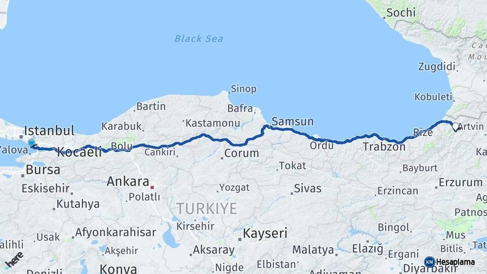 İstanbul Tuzla Artvin Arası Kaç Km - Yol Haritası