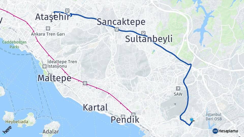 İstanbul Tuzla Aydınlı Ataşehir Arası Kaç Km - Yol Haritası