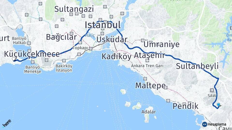 İstanbul Tuzla Aydınlı Avcılar Arası Kaç Km - Yol Haritası